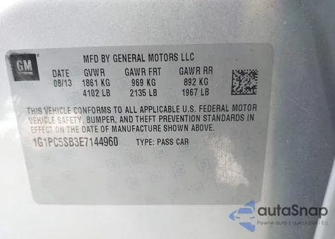 2014 Chevrolet Cruze 1Lt Auto z USA, uszkodzony, nr VIN 1G1PC5SB3E7144960